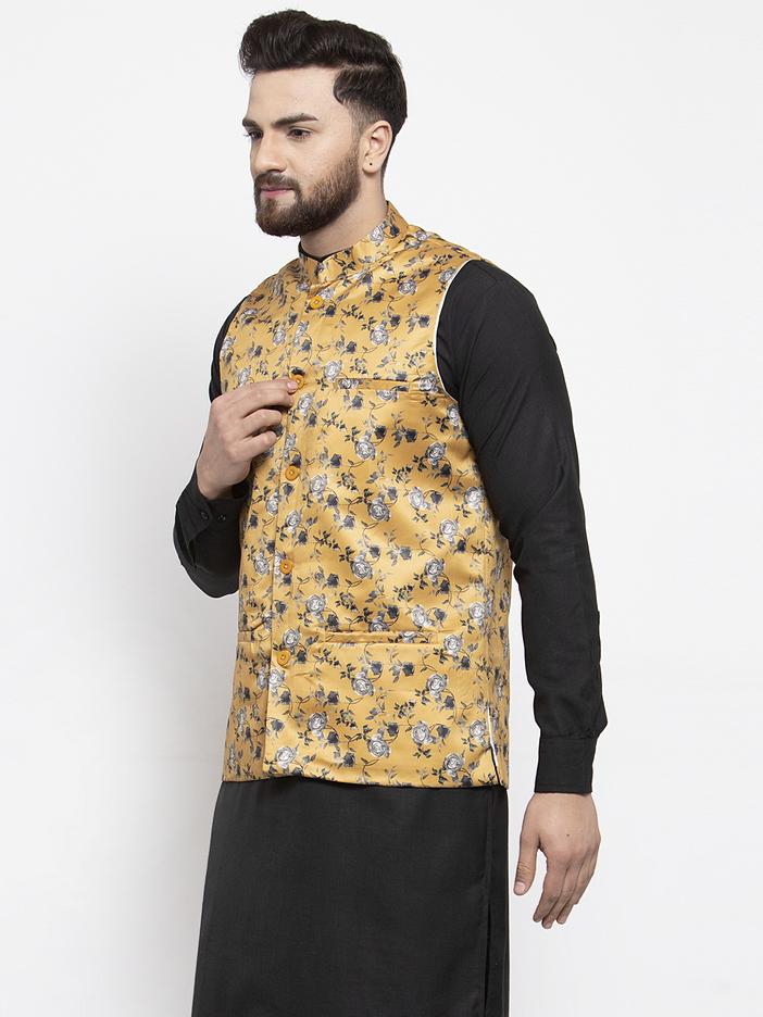 Men's Mustard Printed Satin Nehru Jacket ( JOWC 4007 Mustard)