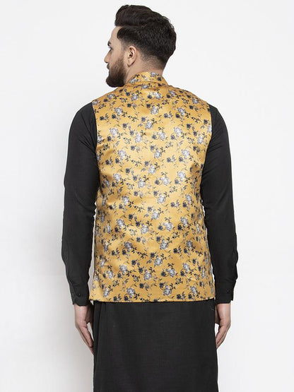 Men's Mustard Printed Satin Nehru Jacket ( JOWC 4007 Mustard)