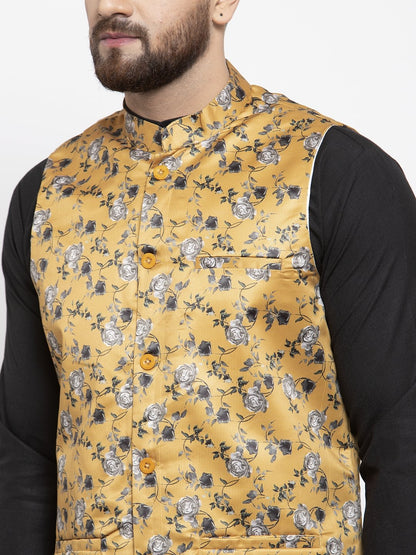 Men's Mustard Printed Satin Nehru Jacket ( JOWC 4007 Mustard)