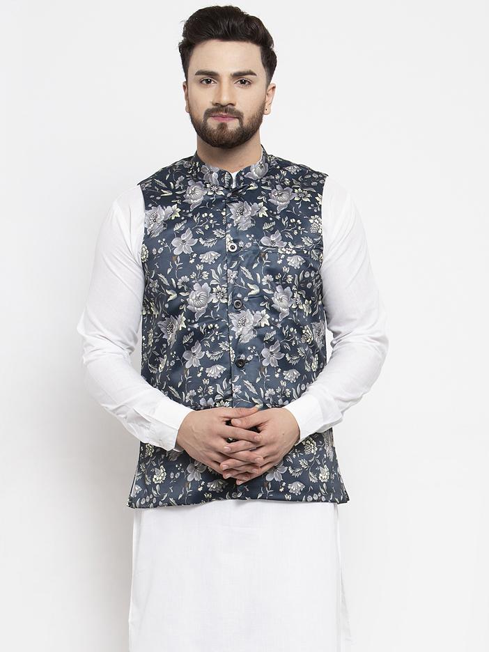 Men's Navy-Blue Printed Satin Nehru Jacket ( JOWC 4007 Navy)