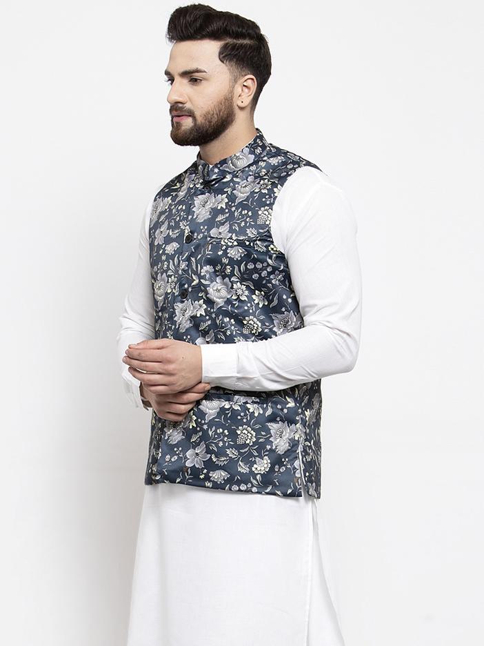 Men's Navy-Blue Printed Satin Nehru Jacket ( JOWC 4007 Navy)