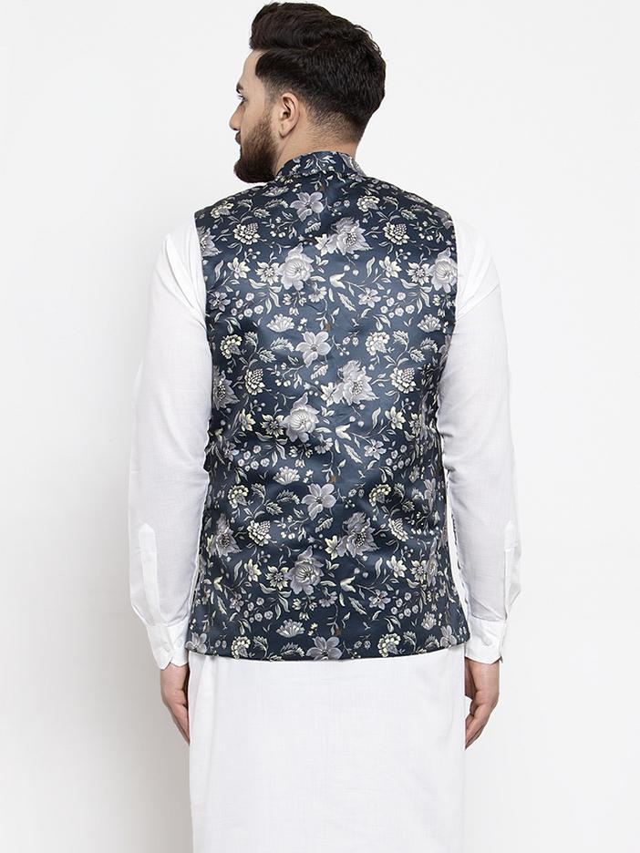 Men's Navy-Blue Printed Satin Nehru Jacket ( JOWC 4007 Navy)