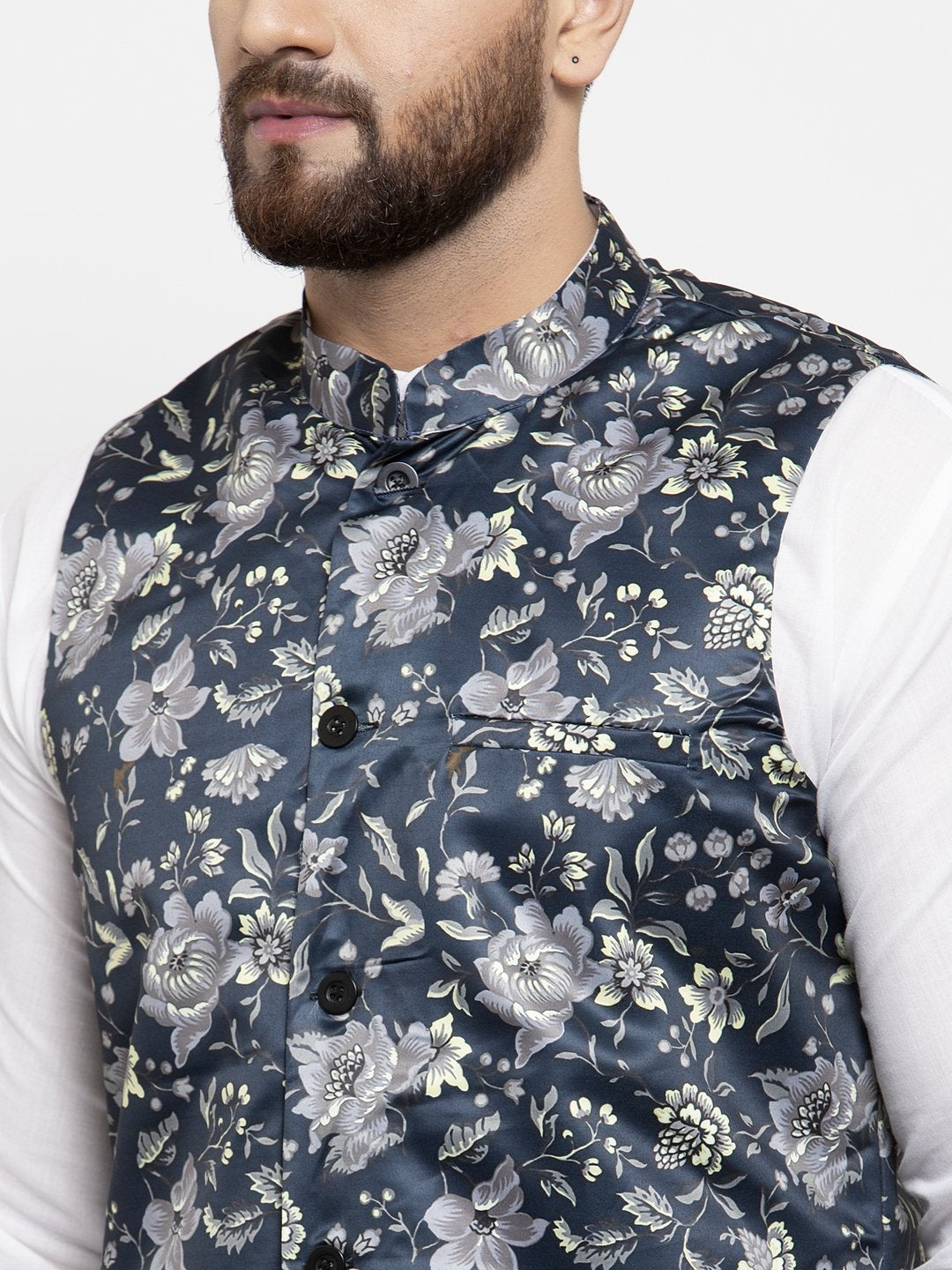 Men's Navy-Blue Printed Satin Nehru Jacket ( JOWC 4007 Navy)