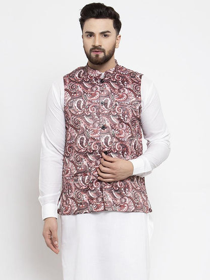 Men's Pink Printed Satin Nehru Jacket ( JOWC 4007 Pink)