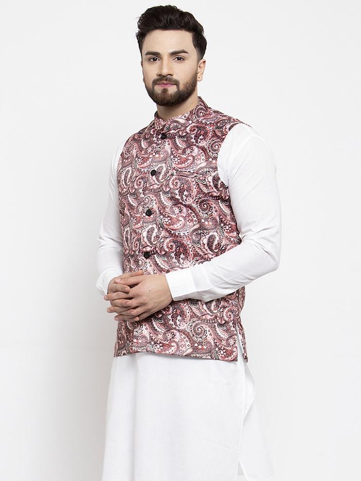 Men's Pink Printed Satin Nehru Jacket ( JOWC 4007 Pink)