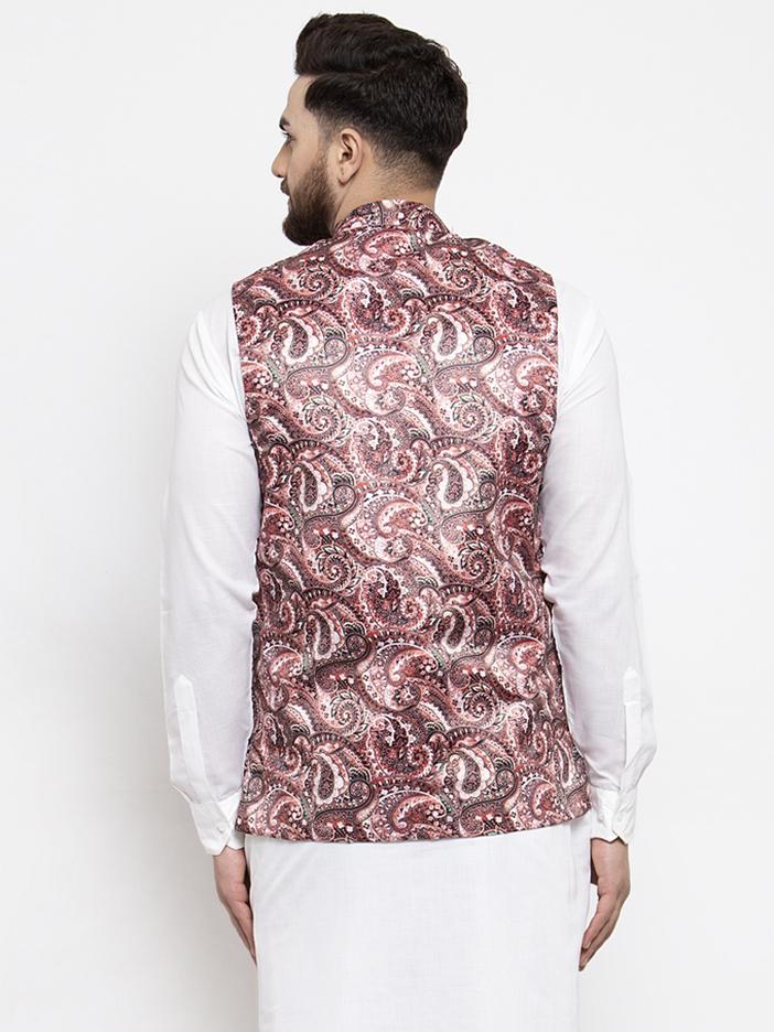 Men's Pink Printed Satin Nehru Jacket ( JOWC 4007 Pink)