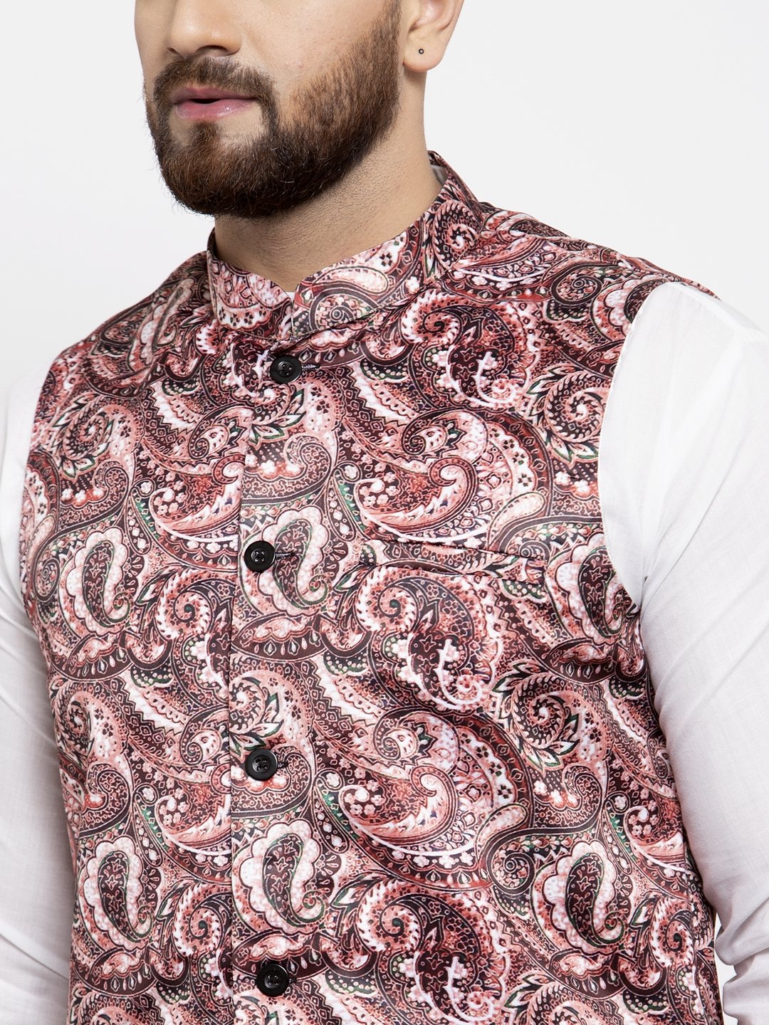 Men's Pink Printed Satin Nehru Jacket ( JOWC 4007 Pink)