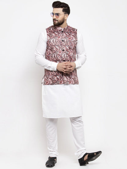 Men's Pink Printed Satin Nehru Jacket ( JOWC 4007 Pink)