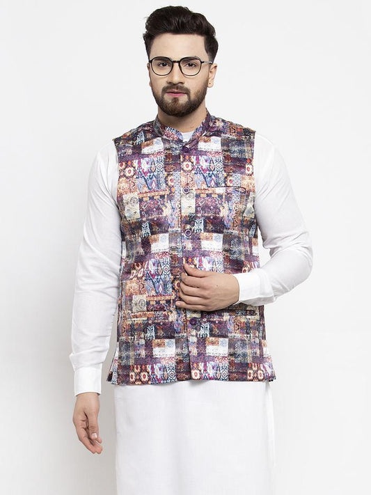 Men's Purple Printed Satin Nehru Jacket ( JOWC 4007 Purple)