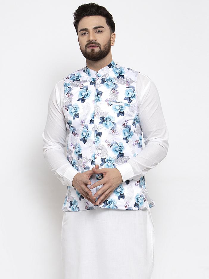 Men's Silver Printed Satin Nehru Jacket ( JOWC 4007 Silver)