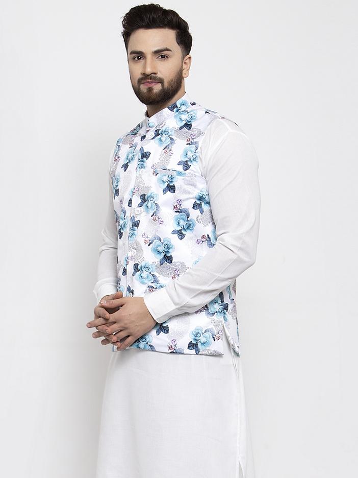 Men's Silver Printed Satin Nehru Jacket ( JOWC 4007 Silver)