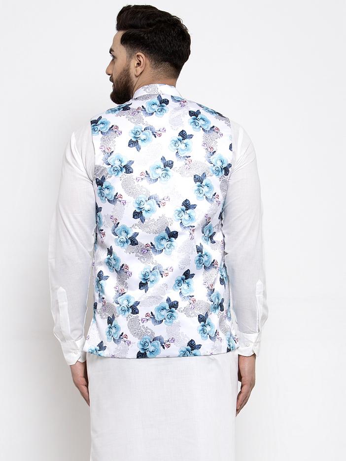 Men's Silver Printed Satin Nehru Jacket ( JOWC 4007 Silver)