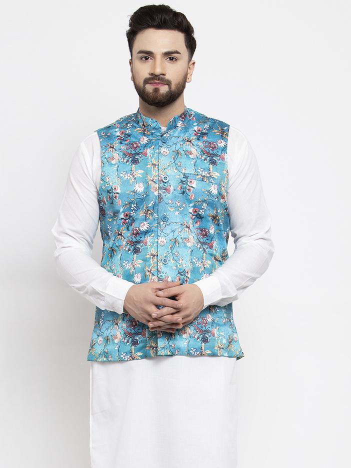 Men's Sky-Blue Printed Satin Nehru Jacket ( JOWC 4007 Sky)