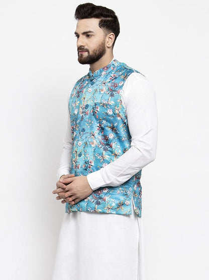 Men's Sky-Blue Printed Satin Nehru Jacket ( JOWC 4007 Sky)