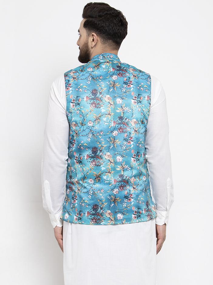 Men's Sky-Blue Printed Satin Nehru Jacket ( JOWC 4007 Sky)