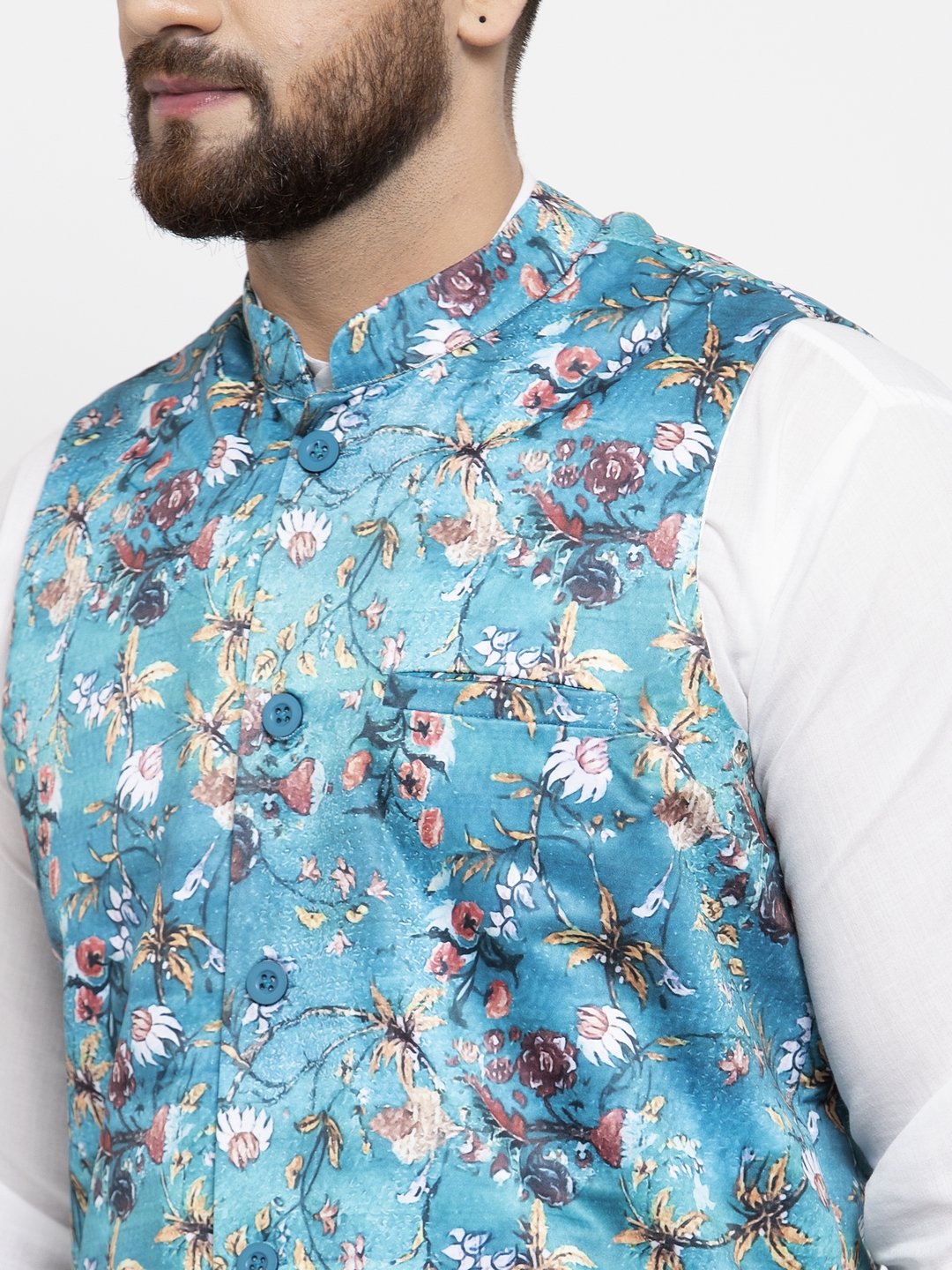 Men's Sky-Blue Printed Satin Nehru Jacket ( JOWC 4007 Sky)