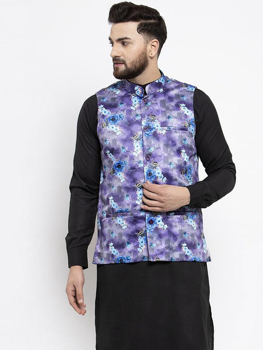 Men's Violet Printed Satin Nehru Jacket ( JOWC 4007 Voilet)