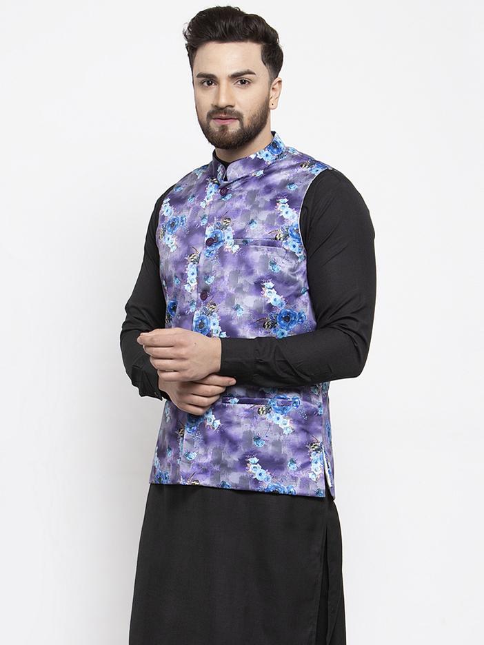 Men's Violet Printed Satin Nehru Jacket ( JOWC 4007 Voilet)