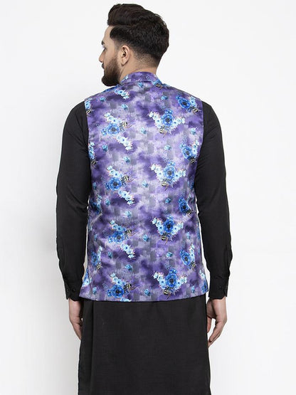 Men's Violet Printed Satin Nehru Jacket ( JOWC 4007 Voilet)