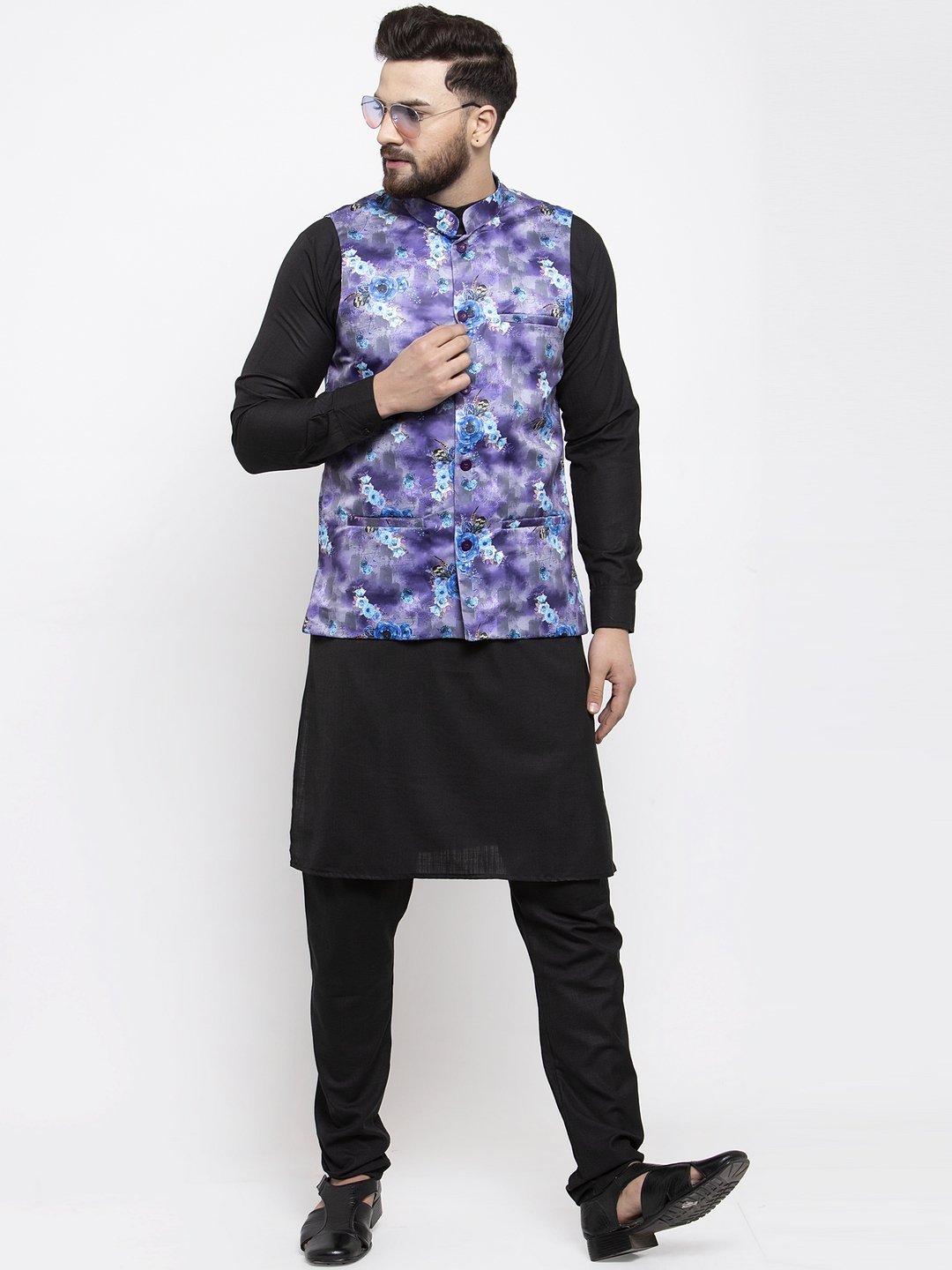 Men's Violet Printed Satin Nehru Jacket ( JOWC 4007 Voilet)