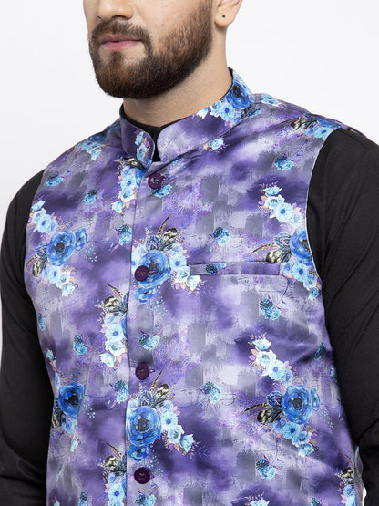 Men's Violet Printed Satin Nehru Jacket ( JOWC 4007 Voilet)