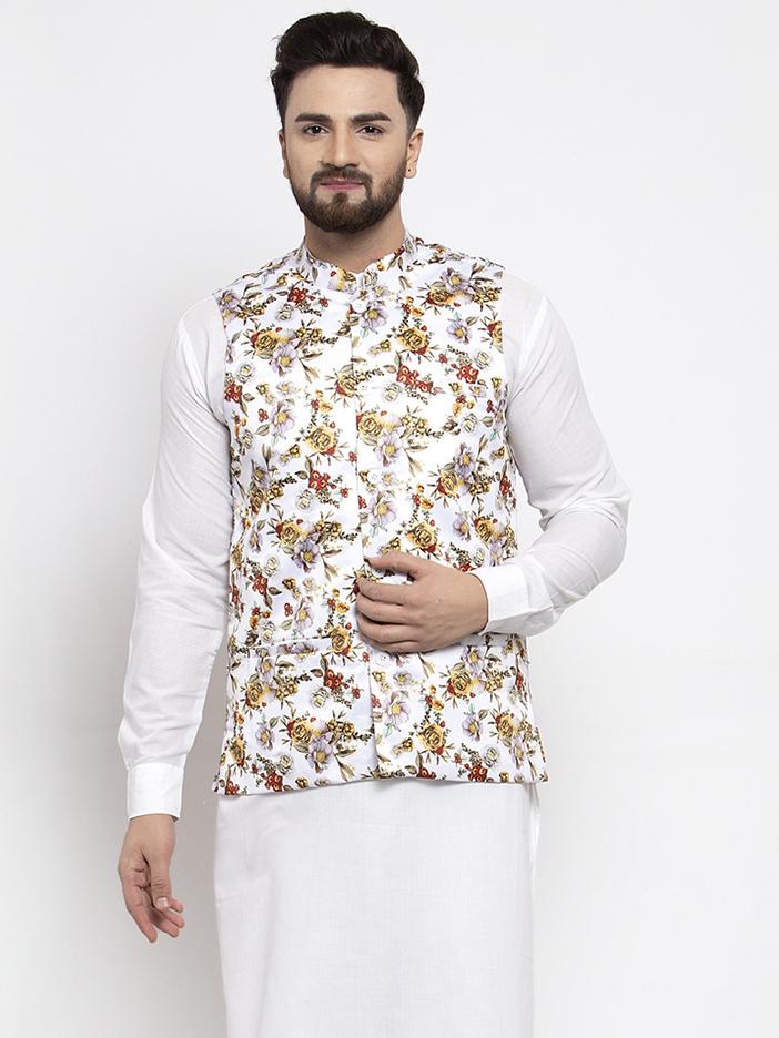 Men's White Printed Satin Nehru Jacket ( JOWC 4007 White)