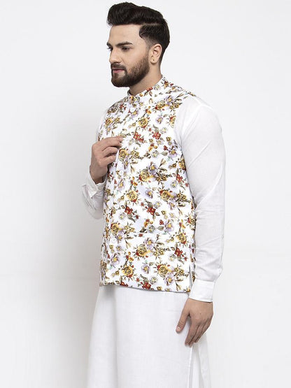 Men's White Printed Satin Nehru Jacket ( JOWC 4007 White)