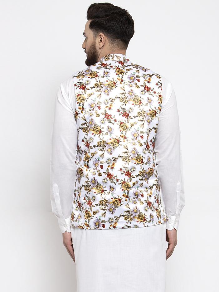 Men's White Printed Satin Nehru Jacket ( JOWC 4007 White)