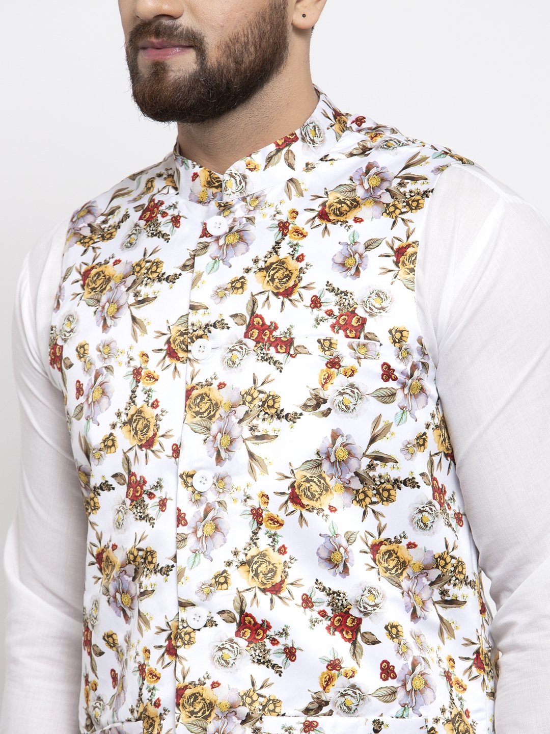 Men's White Printed Satin Nehru Jacket ( JOWC 4007 White)