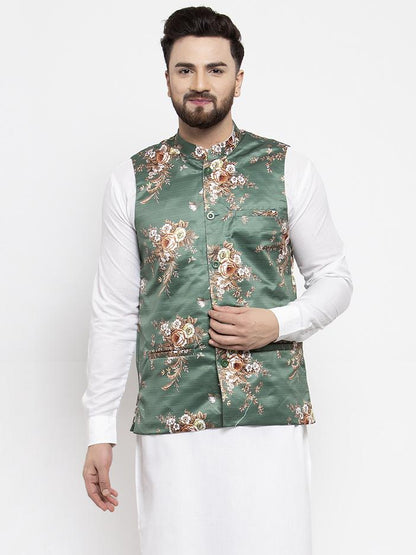 Men's Green & Brown Printed Satin Nehru Jacket ( JOWC 4007 Green)