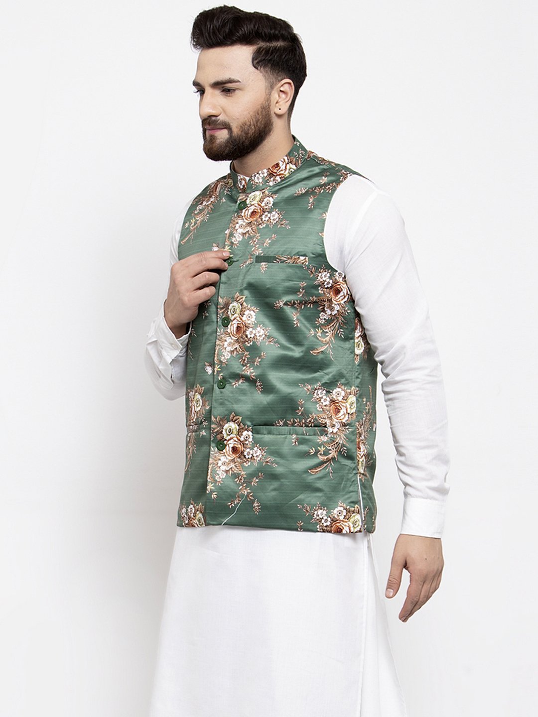 Men's Green & Brown Printed Satin Nehru Jacket ( JOWC 4007 Green)