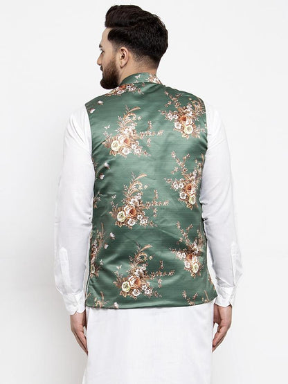 Men's Green & Brown Printed Satin Nehru Jacket ( JOWC 4007 Green)