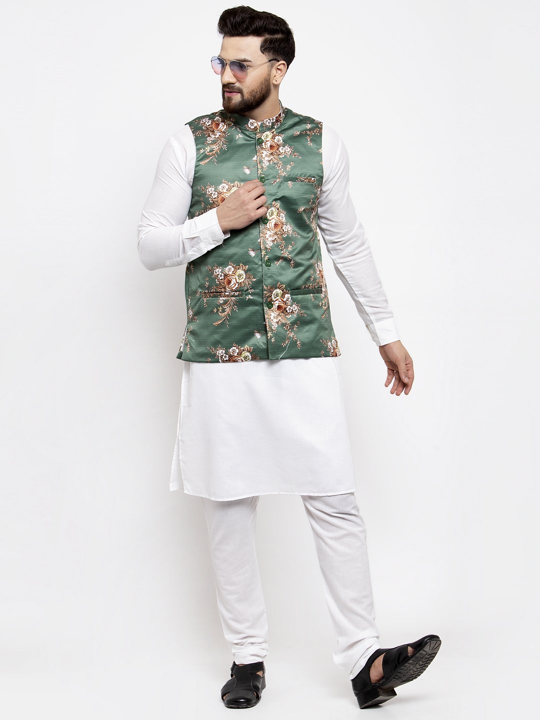 Men's Green & Brown Printed Satin Nehru Jacket ( JOWC 4007 Green)