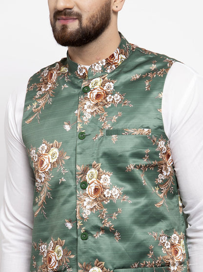 Men's Green & Brown Printed Satin Nehru Jacket ( JOWC 4007 Green)