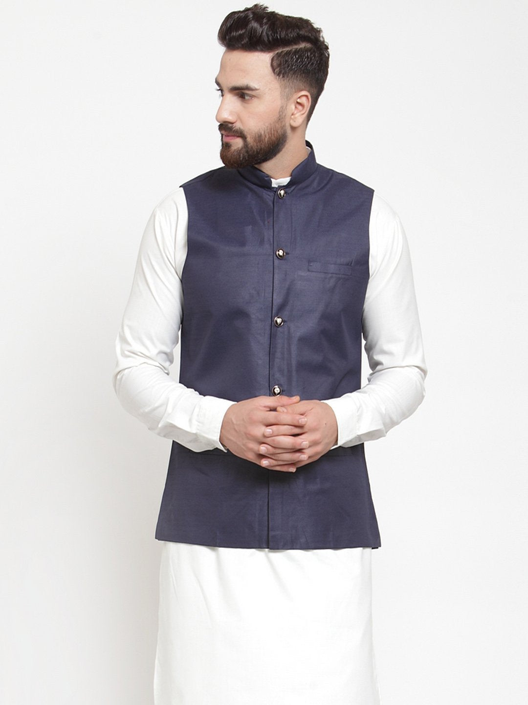 Men's Navy-Blue Solid Nehru Jacket ( JOWC 4002 Navy)