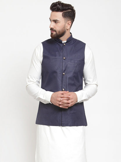 Men's Navy-Blue Solid Nehru Jacket ( JOWC 4002 Navy)