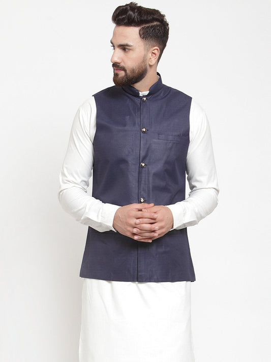 Men's Navy-Blue Solid Nehru Jacket ( JOWC 4002 Navy)