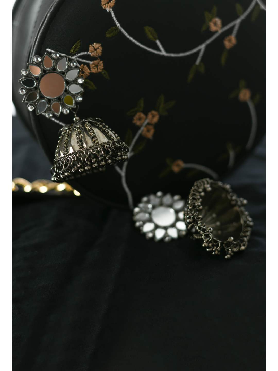 Oxidised Silver-Plated with Mirror Earrings Jhumkas Jker_081