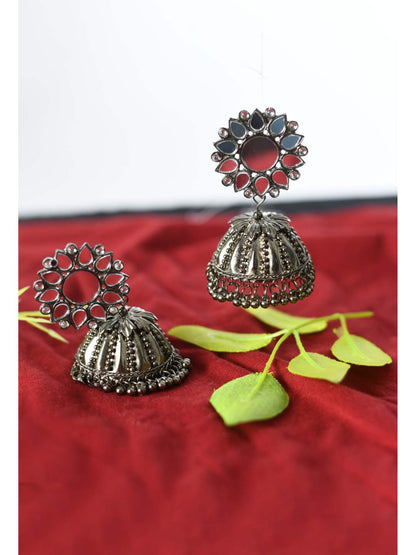 Oxidised Silver-Plated with Mirror Earrings Jhumkas Jker_081