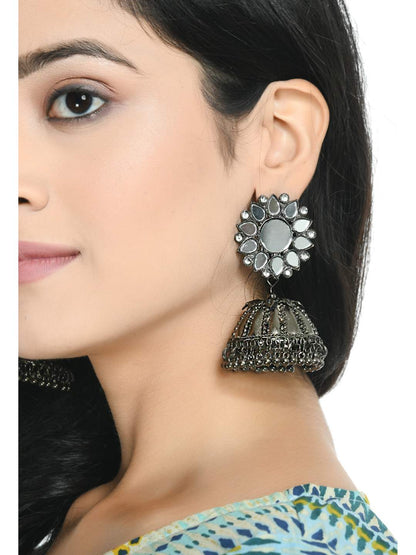 Oxidised Silver-Plated with Mirror Earrings Jhumkas Jker_081