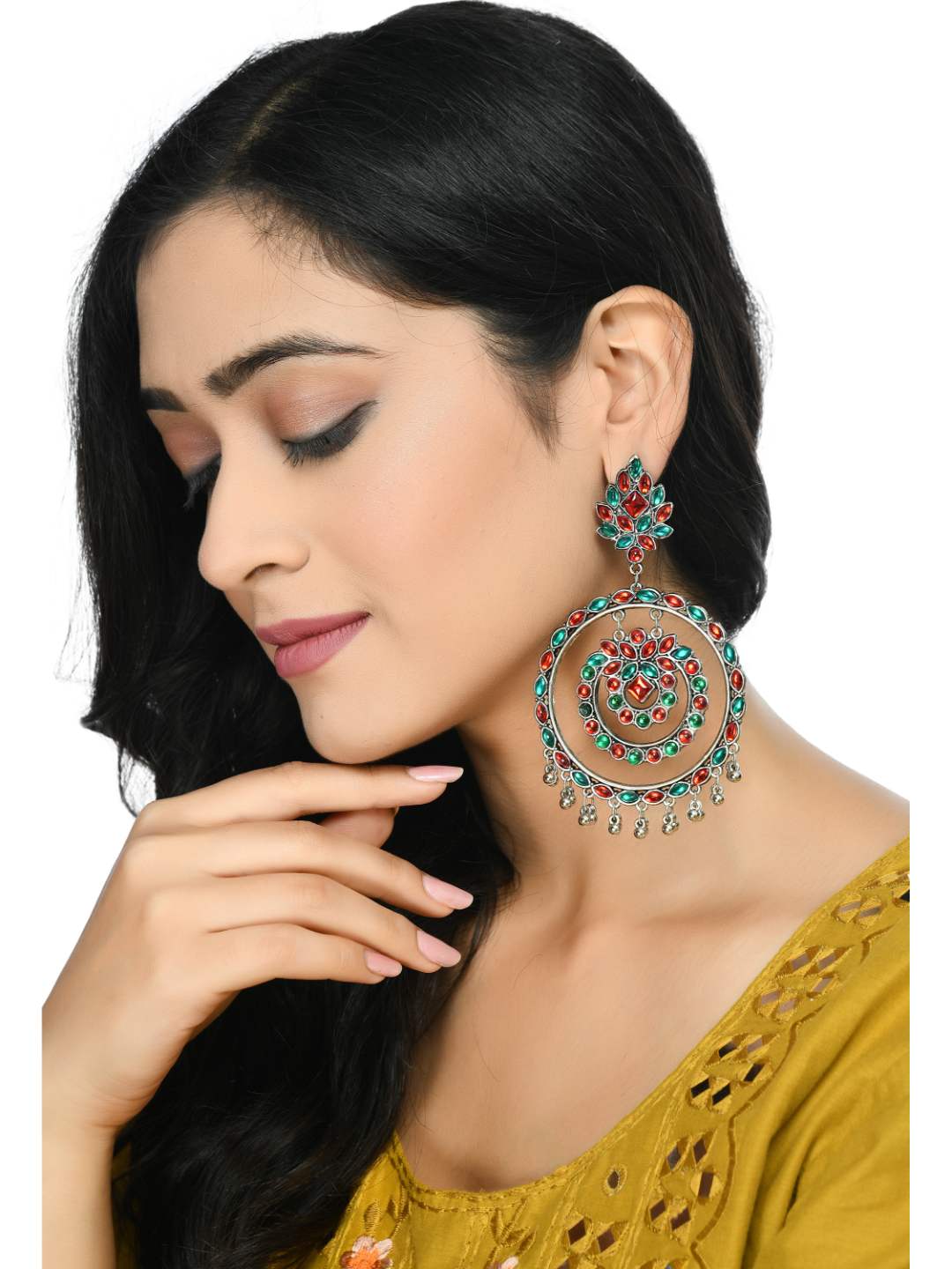 Traditional Multi color circles Earrings with Kundan Jhumkas Jker_085