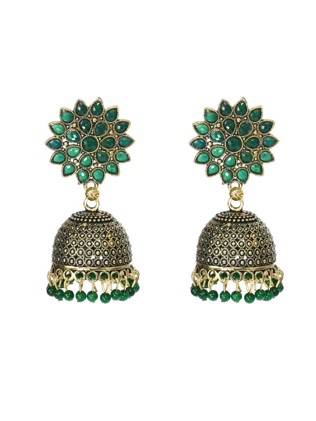 Kundan work Jhumkas with Green Pearls Earrings Jker_087