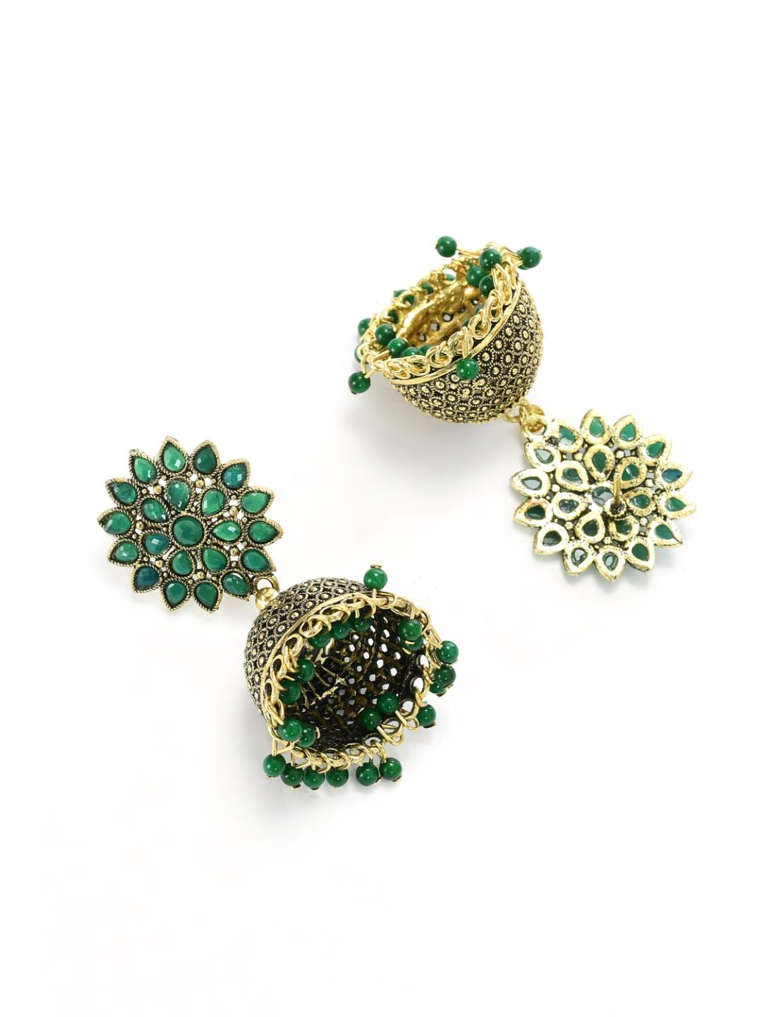 Kundan work Jhumkas with Green Pearls Earrings Jker_087