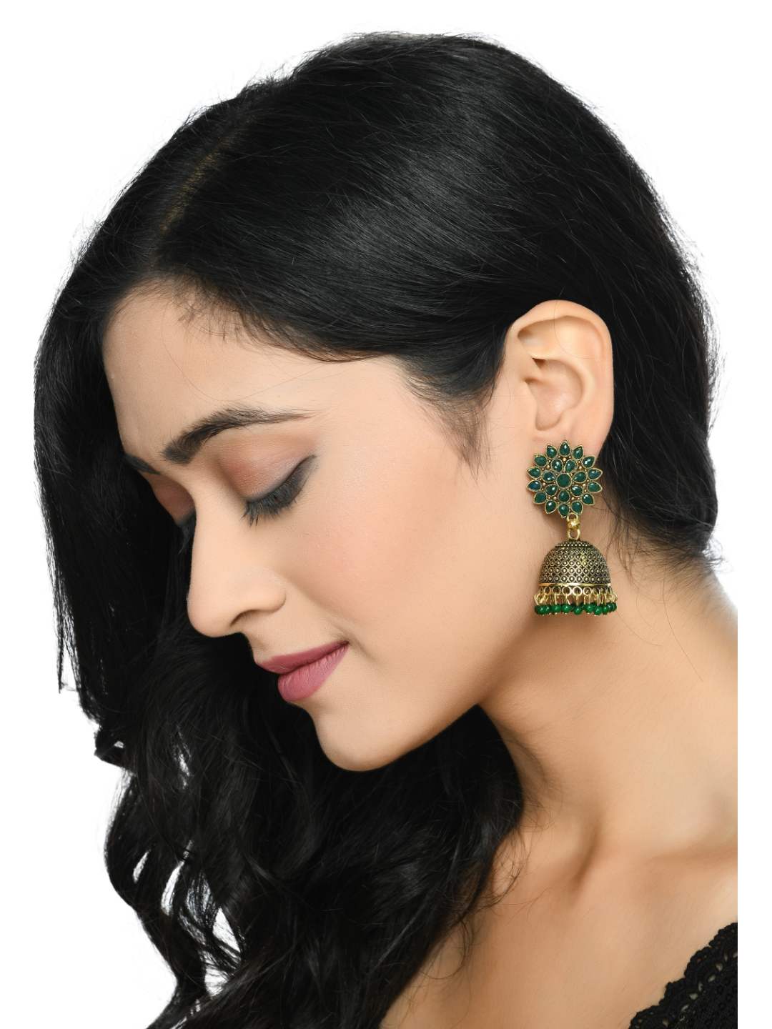 Kundan work Jhumkas with Green Pearls Earrings Jker_087