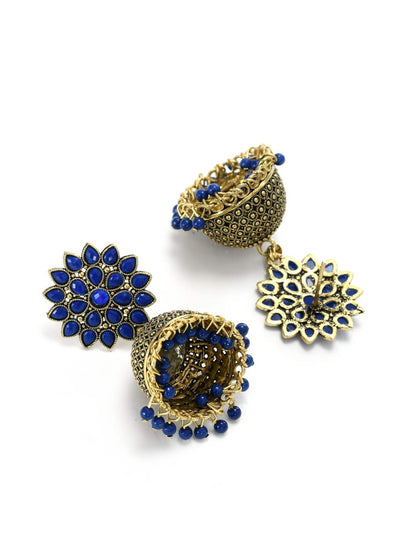 Kundan work Jhumkas with Blue Pearls Earrings Jker_088