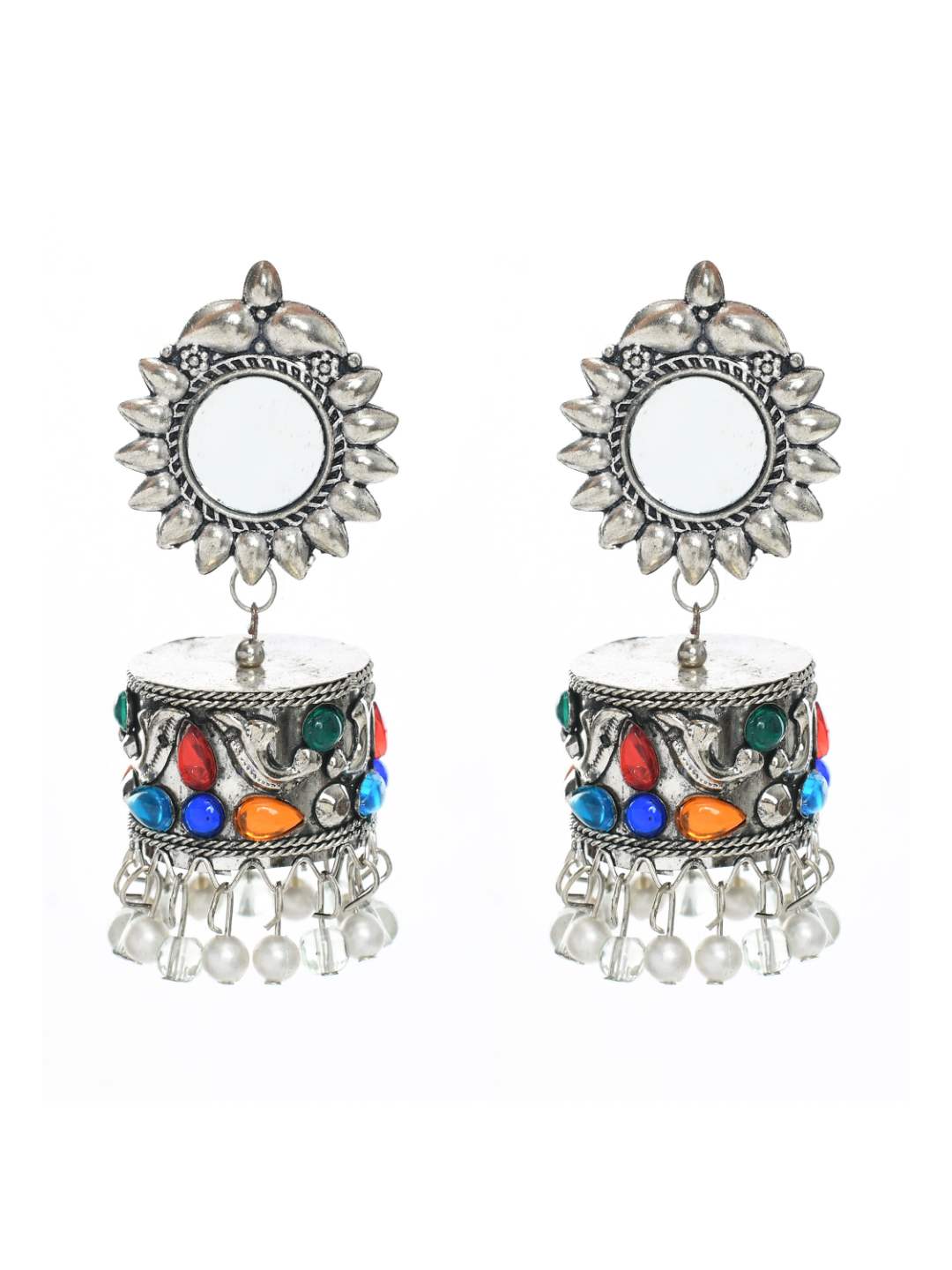 Silver color Earrings with multi Pearls & mirror work Jhumkas Jker_093