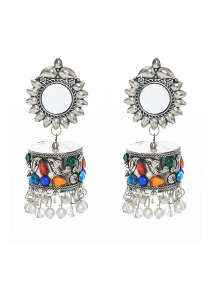 Silver color Earrings with multi Pearls & mirror work Jhumkas Jker_093