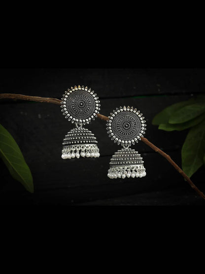 Silver color Jhumkas with white Pearls Earrings Jker_096