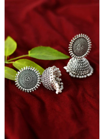 Silver color Jhumkas with white Pearls Earrings Jker_096