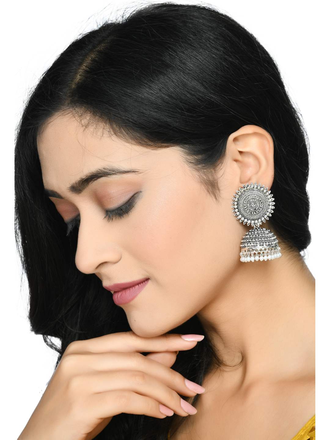 Silver color Jhumkas with white Pearls Earrings Jker_096